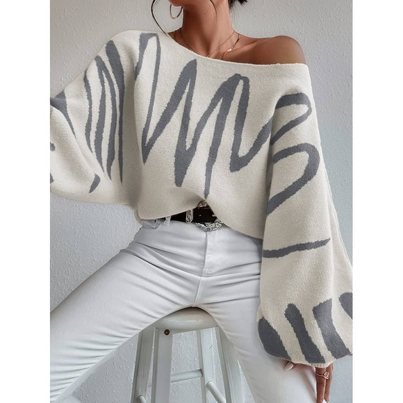 Womens Abstract Graphic Lantern Sleeve Knit Sweater - Picture 1 of 5